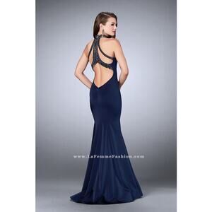 Gigi La Femme Navy Blue Gown Dress Full Length formal Beaded cutout back Sz 8